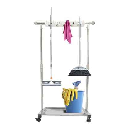 Broom Mop Holder, Movable Put Wet Mops Broom Floor Standing Cleaning Tool Rack 6 Hook and 5 Slots, Stainless Steel Cleaning Supplies Organizer for Home Schools Hospitals Factories Hotels Restaurant