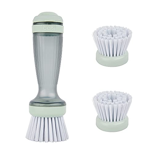 CQT Dish Brush with Soap Dispenser – One-Press Suds, Built-in Scrubbing Pad, Non-Slip Handle for Pots, Pans & Non-Stick Cookware – Includes 2 Refill Heads - color: Green