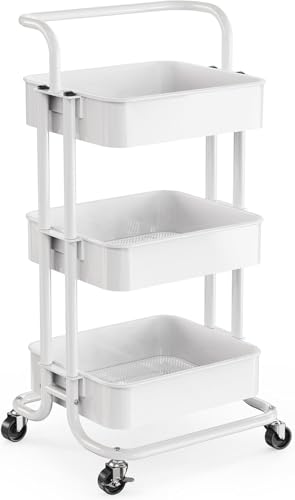 Pipishell 3 Tier Rolling Cart, Metal Utility Cart with Wheels and Handle, Rolling Storage Cart for Nursery Room, Living Room, Painting Room, Office and Kitchen, White - color: White, size: 3-Tier