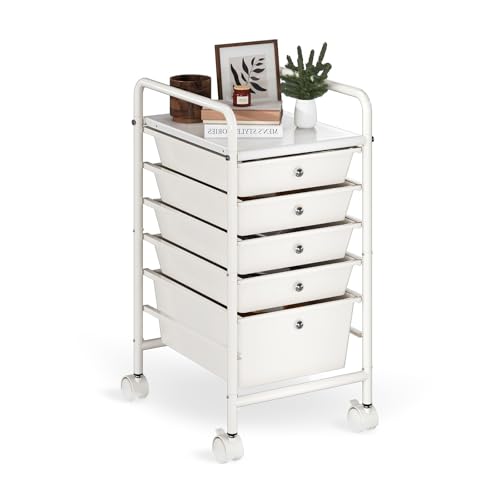 6-Tier Rolling Cart with 5 Drawers, Rolling Utility Cart with 2 Lockable Caster Wheels, Multipurpose Mobile Rolling Storage Drawer Cart for Office Bathroom Kitchen, Ivory White - size: White, 5-Tier, 4S/1L Drawer