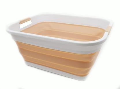 SAMMART 41L (10.8 gallon) Collapsible Plastic Laundry Basket - Foldable Pop Up Storage Container/Organizer - Portable Washing Tub - Water capacity: 32L (8.4 gallon) (Rectangular, White/Beige) - color: White/Beige