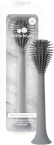 ezpz Bottle Brush (Gray) - Odor-Resistant Silicone Cleaning Tool with Long Sturdy Handle and Suction Base - Flexible Top for Tight Spaces - Gently Cleans Cups, Glasses, Bottles and Accessories - color: Gray