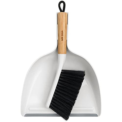 MR.SIGA Dustpan and Brush Set, Portable Cleaning Brush and Dustpan Combo with Bamboo Handle, White, 1 Set - color: White