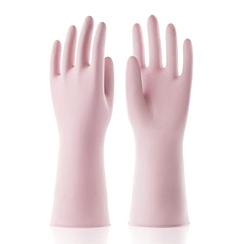 COOLJOB Large Household Rubber Gloves with Cotton Liner & Non-slip Grip, Waterproof Long Lasting Dishwashing Gloves for Kitchen & Bathroom Cleaning, Light Pink, 1 Pair - color: Pink With Rose Scent, size: Large (Pack of 1)
