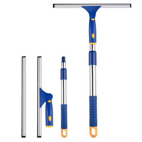BITOPE 14 inch Shower Squeegee for Glass Door with 2pcs Rubber Refills Extension Handle Window Car Windshield Cleaner Tool for Cleaning Shower Door Mirrors Tile Walls Bathroom RVs