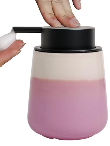 INGOFIN Ceramic Foaming Soap Dispenser - 12oz Foam Hand Soap Dispenser Bathroom, Refillable Modern Dish Dispenser with Pump for Kitchen, Beige and Pink - color: Beige and Pink-foam