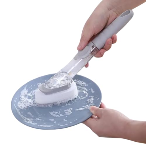2-in-1 Soap Dispensing Dish Brush with Sponge Head – Easy Grip Kitchen Scrubber for Dishes, Pots, Pans & More – Includes Refill – by Dependable Industries Inc. Essentials