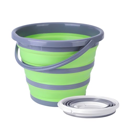 Car Collapsible Bucket, 10L 2.6 Gallon Foldable Portable Vehicle Folding Bucket, Universal Automotive Cleaning Bucket Accessories for Indoor Outdoor Car Washing Garden Camping (Gray/Green) - color: Gray/Green