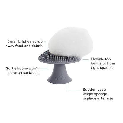 ezpz Mushroom Sponge (Gray) - Odor-Resistant Kitchen Sponge with Soft Bristles, Non-Slip Handle, Suction Base - Gently Cleans Pans, Dishes and Feeding Gear - color: Gray