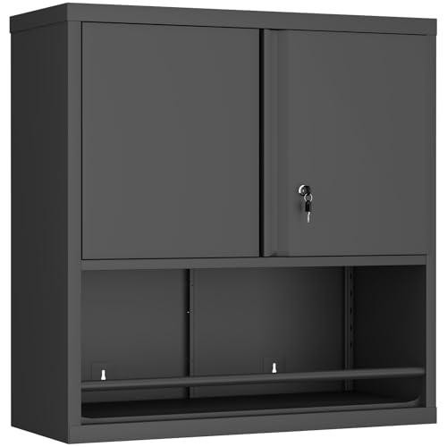 GREATMEET 31" H Metal Garage Storage Cabinets with Doors and Shelves, Lockable Storage Cabinet with Lock, Black Hanging Cabinets for Wall, Wall Mount Cabinet for Utility Room - color: Black, size: 31"H Wall Mount