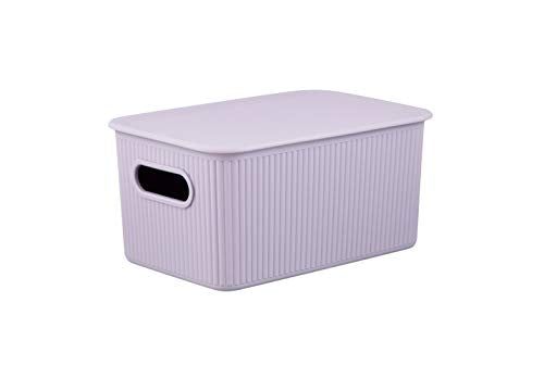 Decorative Plastic Basket Lidded Home Storage Bins Organizer, Medium Lilac Purple (1 Pack - 5 Liter) Stackable Container Box, for Organizing Closet Storage Bins for Shelves - Ribbed Collection - color: Lilac, size: 5 L