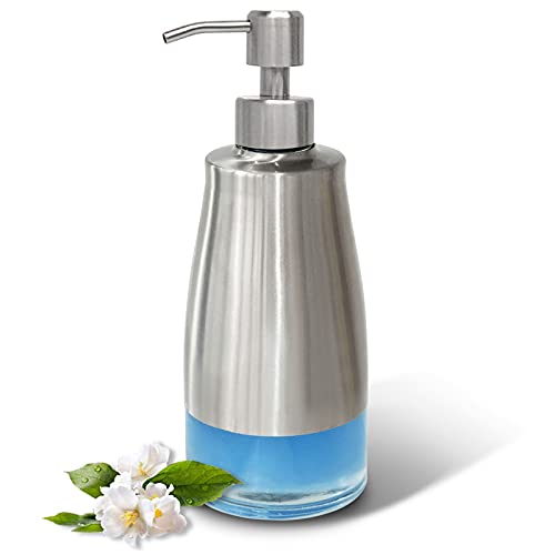 AUMIO Dish Soap Dispenser with Stickers, Kitchen Soap Dispensers Brushed Nickel Stainless Steel and Glass Combined, Refillable Liquid Hand Soap Dispenser for Bathroom & Kitchen (11OZ / 320ML) - color: Silver