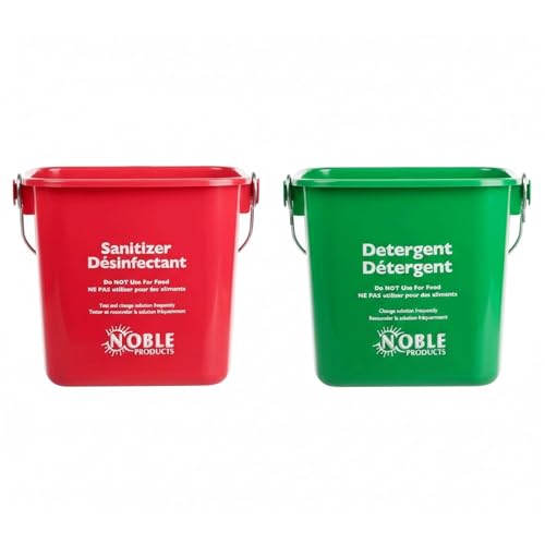 Cleaning Bucket with Handle - 3-Quart Square Sanitizer Bucket - Red & Green Pail for Commercial Sanitizing - Small Bucket for Cleaning Restaurant, Kitchen, Home, Food Service Use (Set of 2)