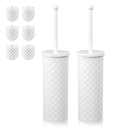 Toilet Bowl Brush and Holder Set 2 Pack with 4 Extra Brush Heads | Extra Long Handle with Splash Guard Cover, Tool-Free Installation, Bathroom Space-Saving, Cleaner Sets for Apartments, RV (White) - color: White
