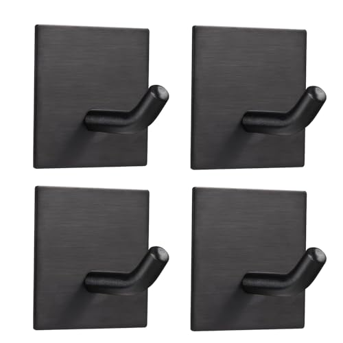 FOMANSH Heavy Duty Adhesive Hooks, Stick on Wall Adhesive Hangers, Strong Stainless Steel Holder, Self Adhesive Hooks for Kitchen Bathroom Home Door Towel Coat Key Robe 4 Packs Black - color: Black, size: 4 Pack