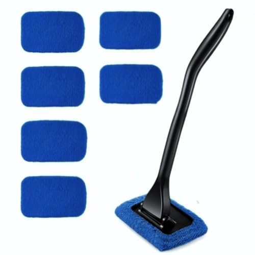 6PCS Windshield Cleaning Tool Car Window Cleaner with 5 Reusable and Washable Microfiber Pads and Extendable Handle Auto Inside Glass Wiper Kit Green (Blue)