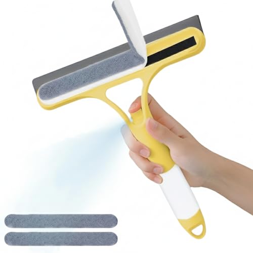 Pro 3 in 1 Window Cleaning Scraper, with 2 Replaceable Cleaning Cotton Strips 3 in 1 Spray Squeegee, Window Squeegee, Suitable for Cleaning Bathroom Glass, Mirrors, Car Windows (Yellow) - color: Pro-yellow