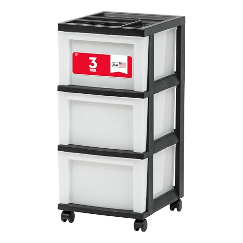 IRIS USA Plastic Drawer Storage Organizer Rolling Cart, with Wheels Casters, 3-Drawers, for Classroom Art Craft Supplies Dresser Closet Bathroom Laundry Room, Black/Pearl - color: Black, size: 3 Drawer with Wheels