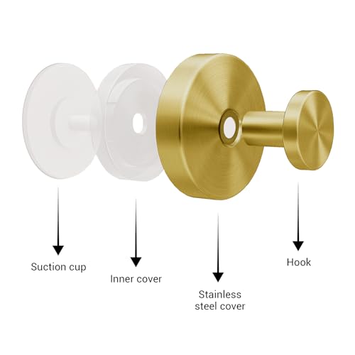 Suction Cup Hooks for Shower - 2 Pack, Gold - Stainless Steel, Strong Suction, No Drill, Removable Hanger, Tile Bathroom Kitchen Wall, Glass Door, Mirror Hook Hanging Robe, Towel Holder - color: Gold