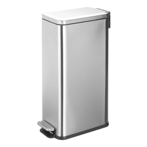 mDesign Slim Metal Rectangle 7.9 Gallon Trash Can with Step Pedal, Easy-Close Lid, Removable Liner - Narrow Wastebasket Garbage Container Bin for Bathroom, Bedroom, Kitchen, Office - Brushed Chrome - color: Brushed, size: 7.9 Gallon