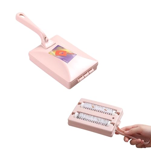 Rug Cleaning Brush | Double Roller Type Carpet Pet Remover - Dust Removal Brush for Carpet Long Handle Bed Sweeping, Clothes Delinting - color: Pink