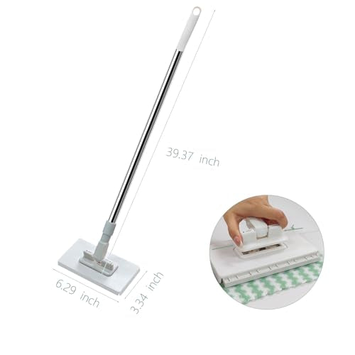 Mini Mop, Touch-Free Cloth Release Hands-Free Multi-Purpose Flat Mop with One-Click Press Lock, Use Thin Wipes or Soft Cloths, 39 in. Handle, Wet or Dry Tool for Small Spaces, 5 Cloths