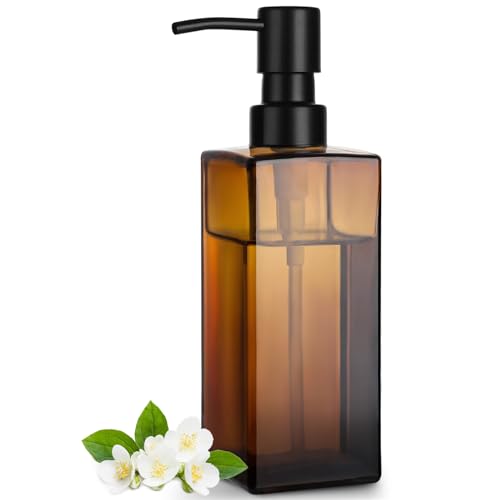 GMISUN Amber Glass Soap Dispenser, Hand Soap Dispenser with Stainless Steel Pump for Bathroom, 12 fl oz/350ml Refillable Dish Dispensers for Kitchen, Modern Liquid Lotion Bottles for Countertop - color: Amber Bottle + Black Pump, size: 1 Pack