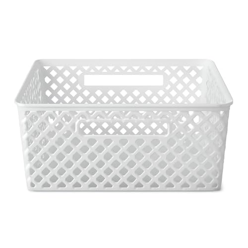Medium Decorative Plastic Storage Basket, White Organizer Bin, 14 x 11.5 x 5.3 Inches for Home, Closet, Bathroom, Kitchen Organization