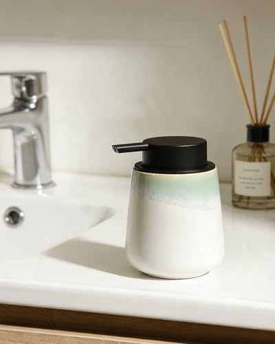 BosilunLife Hand Soap Dispenser - Ceramic Dish Soap Dispenser for Bathroom 12ounce Refillable Liquid Hand Wash Dispenser for Essential Oil, Lotion Soap, White with Blue-Green Rim - color: White With Blue-green Rim