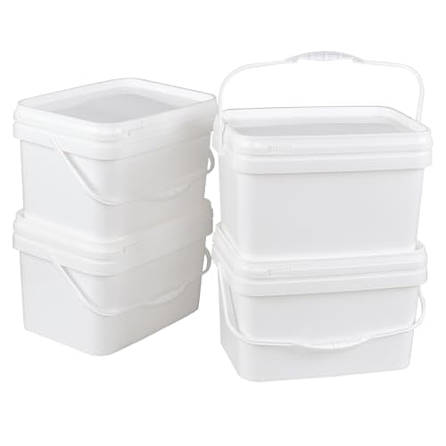 4 Pack 2.6 Gallon Small Buckets with Handle, Rectangular Food Grade Pail with Lid, White