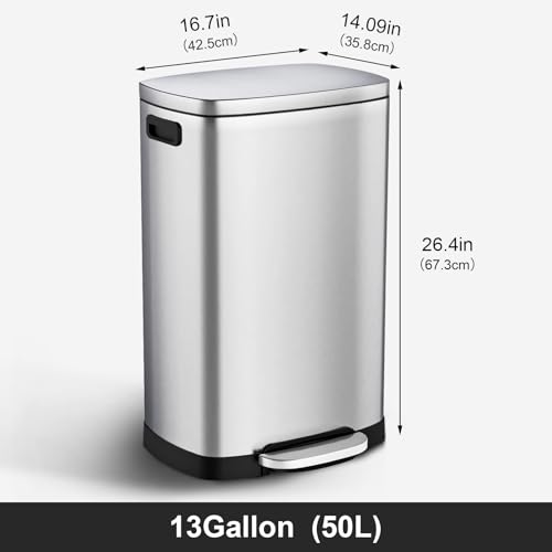 ELPHECO Kitchen Trash Can with Lid Soft Close,13 Gallon / 50L Stainless Steel Pedal Garbage Can, Heavy-Duty Fingerprint Proof Step Wastebasket with 20 Bags, Removable Bucket, Home Office, Silver - color: Silver