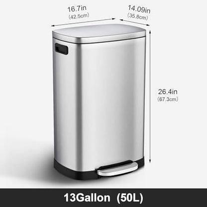 ELPHECO Kitchen Trash Can with Lid Soft Close,13 Gallon / 50L Stainless Steel Pedal Garbage Can, Heavy-Duty Fingerprint Proof Step Wastebasket with 20 Bags, Removable Bucket, Home Office, Silver - color: Silver