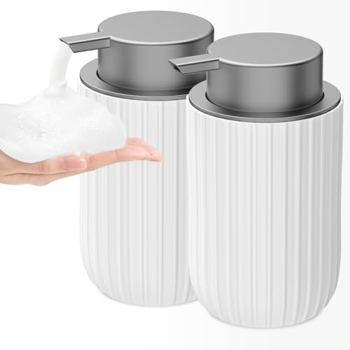 Ceramic Foaming Soap Dispenser, 12 oz Bathroom Foam Hand Soap Dispenser, Refillable Lotion Soap Dispenser with Removable Pump for Kitchen Hand Wash Dispenser, Modern Home Decor(2Pack-White) - color: Matte White Silver-2pack