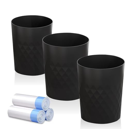 JiatuA 3 Pack Small Trash Can with Trash Bags Bathroom Garbage Bin Round Plastic Waste Basket for Kitchen, Bedroom, Office, College Dorm, Craft Room, Black - color: Black