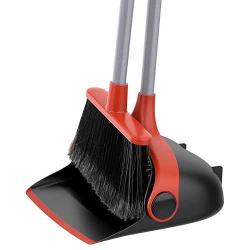 MR.SIGA Broom and Dustpan Set with Long Handle, Stand Upright Broom with Dustpan Combo for Floor Cleaning, Lightweight Sweeping Set for Indoor and Outdoor Use, 51.7"(131 cm) Long Handle, Black & Red - color: Black & Red