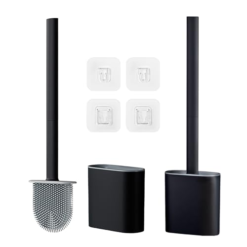 Toilet Brush and Holder Set, Wall Mounted Toilet Bowl Brush Head with Silicone Bristles, 2 Pack Black Compact Size for Storage and Organization Scrub Brush for RV Bathroom Accessories