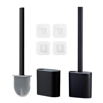 Toilet Brush and Holder Set, Wall Mounted Toilet Bowl Brush Head with Silicone Bristles, 2 Pack Black Compact Size for Storage and Organization Scrub Brush for RV Bathroom Accessories