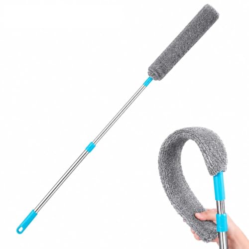 Flexible Flat Duster with Extendable Handle, Microfiber, for Under Furniture, Beds, Fridges, with 2 Washable Pads