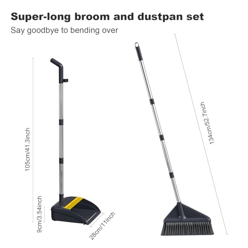 MOPUP Broom and Dustpan Set, 52 inch Long Adjustable Handle Broom with Dustpan Teeth to Self-Cleaning Clean Hair Suitable for Home Kitchen Office