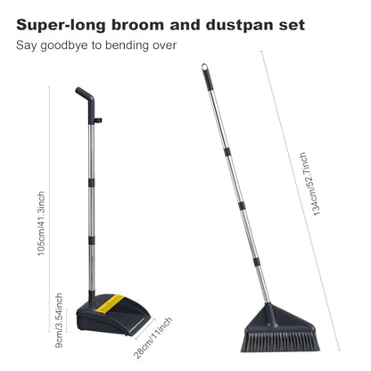 MOPUP Broom and Dustpan Set, 52 inch Long Adjustable Handle Broom with Dustpan Teeth to Self-Cleaning Clean Hair Suitable for Home Kitchen Office