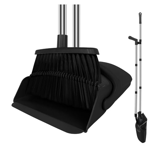 Broom and Dustpan Set with Long Handle, 51" Upright Broom & 39" Dustpan Combo, Pet Hair Rubber Lip Dustpan with Built-in Comb, Standing Dust Pan Set for Home Kitchen Office Indoor Use - color: Black, size: Standard
