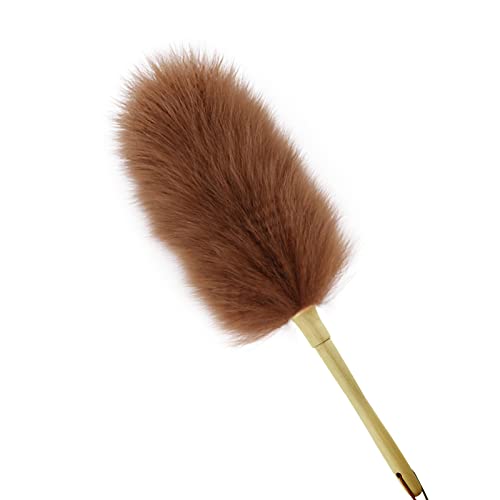 Lambswool Duster 16'' Length Solid Wooden Handle Leather Hang Strap for Cleaning Ceiling Fans Window Blinds Computer Furniture Figurines TV Natural Feather Duster,Brown - color: Brown, size: 16 Inch