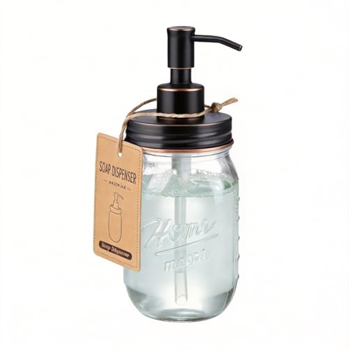 SheeChung 16 Oz Mason Jar Liquid Soap Dispenser, Glass Hand Soap Dispenser, Stainless Steel Pump Lid, Refillable Lotion Dispensers for Bathroom Countertop Kitchen (1, Oil Rubbed Bronze) - color: Oil Rubbed Bronze-1 Pack