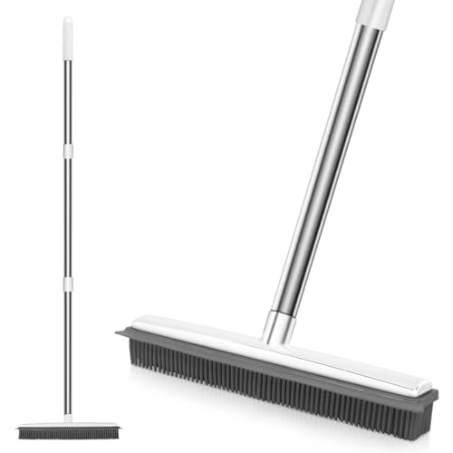 Pet Hair Rubber Broom with Squeegee for Carpet,Fur Remover Broom Carpet Rake for Pet Hair Removal, with 50" Long Handle, Dual-Sided for Hardwood Floor, Tile,Portable Detailing Lint Brush White - color: White