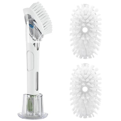 RIMAY Dish Brush with Soap Dispenser Storage Set, Soap Dispensing Dish Brush with 2 Pcs Brush Refills & Holder, Kitchen Dish Washing Wand with Handle for Dishes/Pans/Pots/Sink (White) - color: White-green