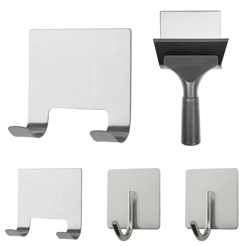 MOROBOR 2 Pcs Shower Squeegee Adhesive Holders and 2 Pcs J-Type Adhesive Coat Hooks, All-Purpose Scraper Holder Towel Hook Stainless Steel Waterproof Storage Hook Bath Accessories（Silver） - color: Silver-combination