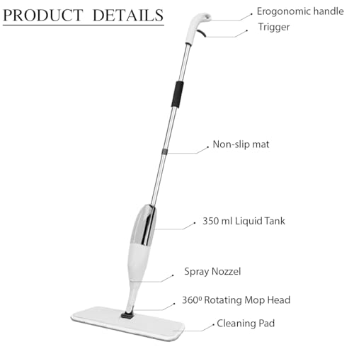Heavy Duty Spray Mop for Floor Cleaning, Wet/Dry Use, Long Handle Flat Mop with Sprayer with Refillable Spray Bottle for Any Floor, Reusable Microfiber Pads