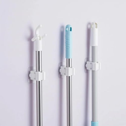 4 Pcs Mop and Broom Holder Wall Mount, Peel and Stick Mop Hanger Hooks, No-Drill Hanging Broom Organizer Storage for Bathroom Kitchen Laundry Room Garage Garden