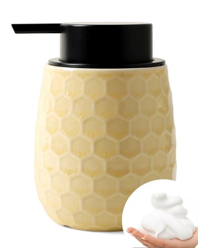 Foaming Soap Dispenser, 12OZ Ceramic Foam Hand Soap Dispenser with Honeycomb Design for Kitchen or Bathroom, Ice Crack Yellow Refillable Dish Lotion Dispenser, ANTIS'S HOME - color: Ice Crack Yellow, size: Foam
