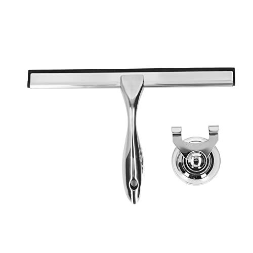 All Purpose Stainless Steel Shower Squeegee for Shower Doors with Suction Storage Hook, Bathroom Cleaner Tool Household Window Mirror Squeegee for Home Cleaning, Glass Door, Tile
